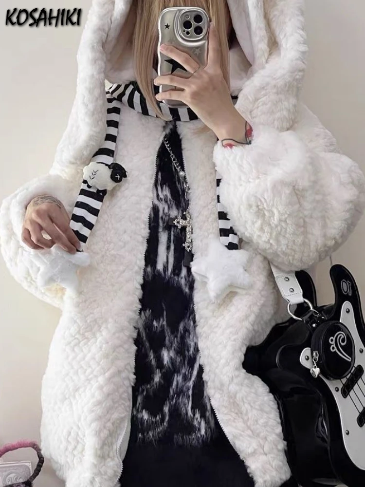 Lamb Wool Loose Kawaii Cute Jacket Streetwear Oversized Rabbit's Ears Hooded Coats Y2k Aesthetic Grunge Zipper Women Jackets