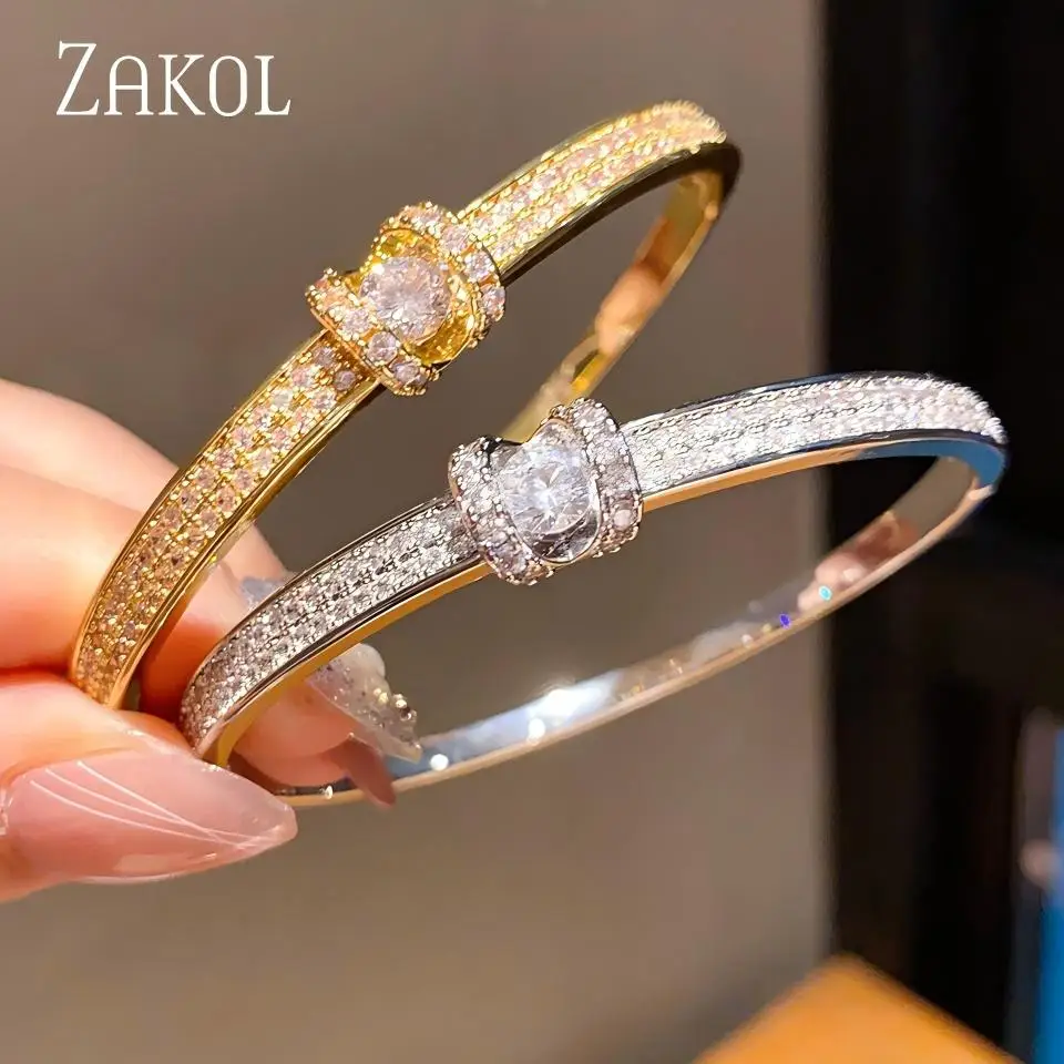 ZAKOL Fashion Geometric Full Paved Cubic Zirconia Bangle For Women Luxury Stackable Wrist Accessories Wedding Party Jewelry Gift