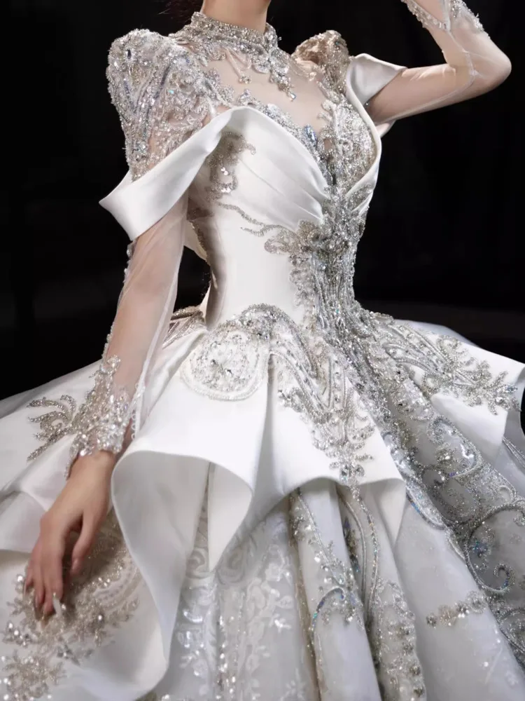 DFDG Damen 2025, weißes französisches Couture-Hochzeitskleid, luxuriöse schwere Stickerei, lange Schleppe, Hauptbrautkleid, Frühlings- und Sommerdesign