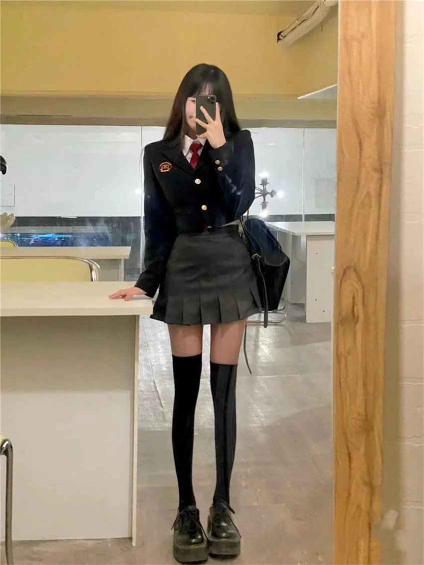 Daily Korean JK Uniform Set College Style Girls Short Suit Blazer Navy Coat Wrap Hip Skirt Tie Shirt Hot Girl Set Spring Autumn