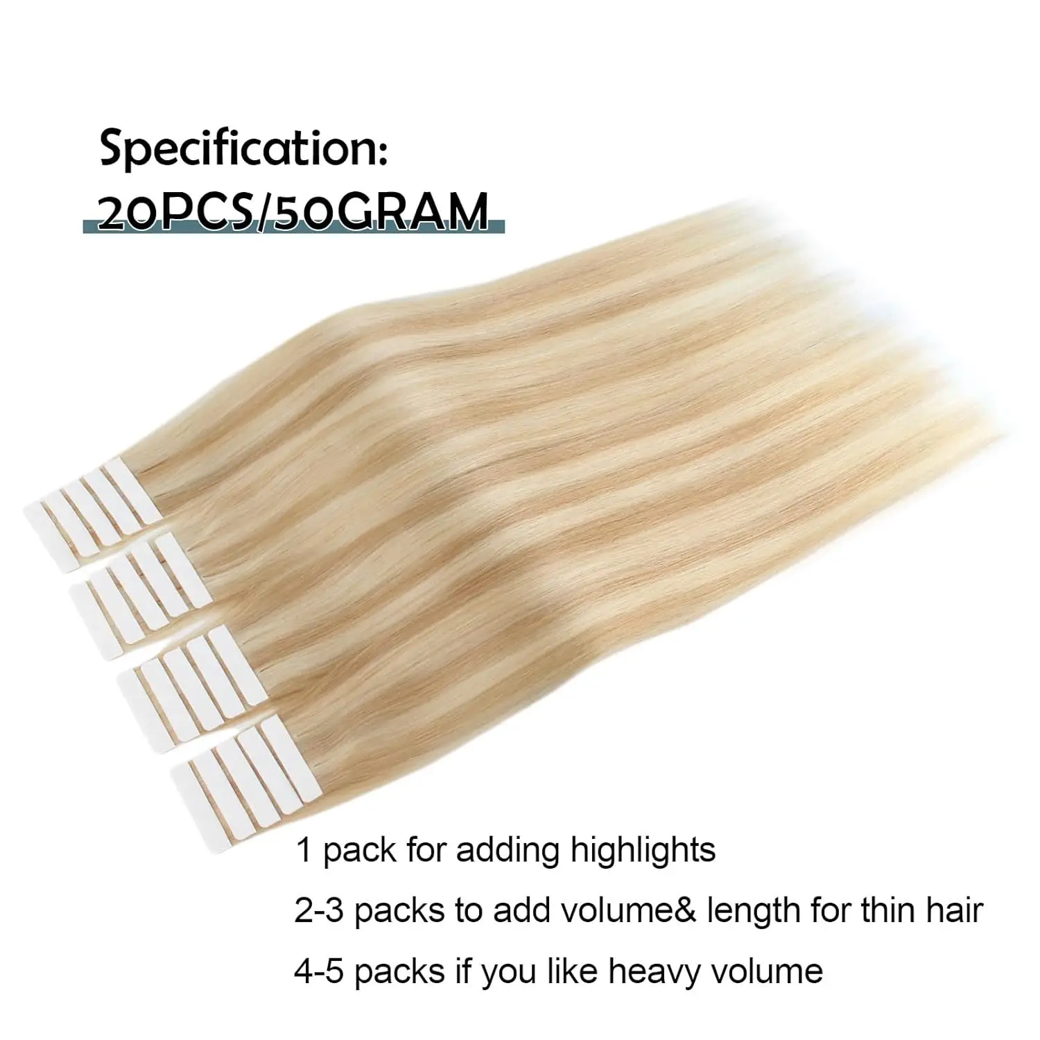 Sophia Straight Tape in Human Hair Extensions, Highlight Blonde, 8/613 Human Hair Extensions, Skin Trame Adhesive Glue for Salon, # 100%