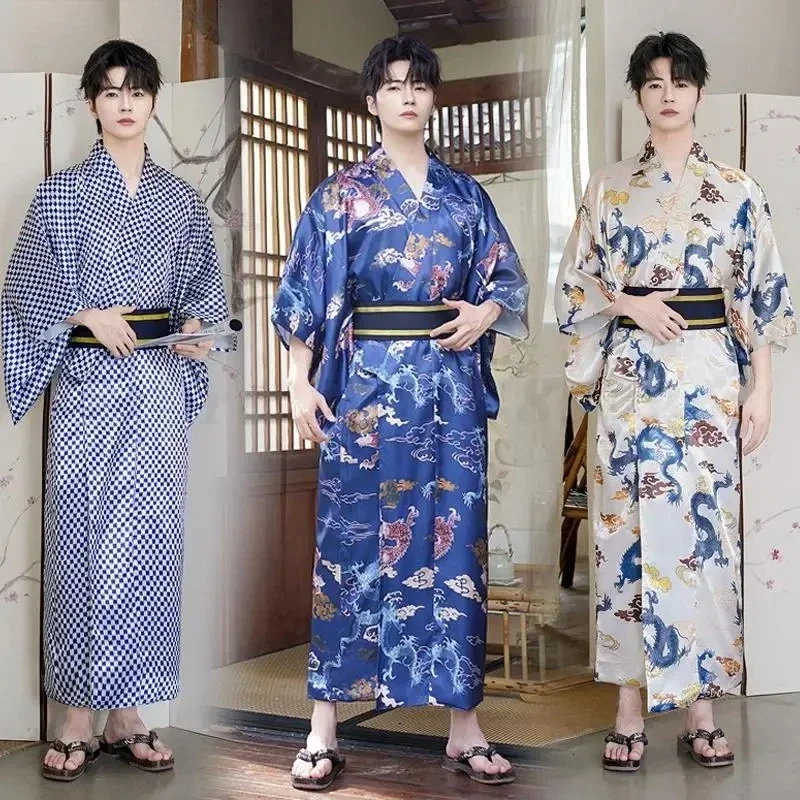 Japanese Traditional Men's Printed Kimonos Yukata Bath Robe Performances Costume