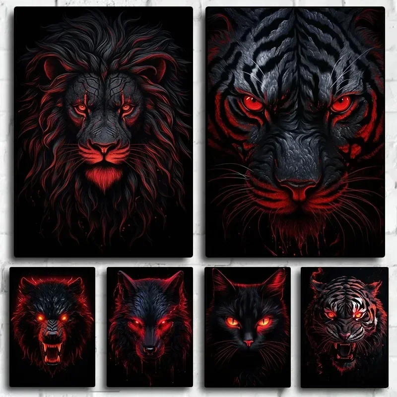 1pc frameless Canvas Painting Red and Black Animals Posters Lion Bear Tiger Wolf Fox Canvas Printing Prints Wall Art Picture for