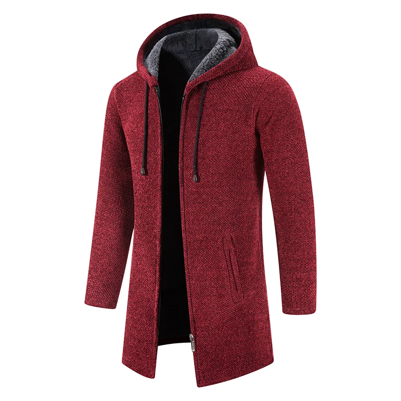 Winter Men\'s Mid To Long Length Jacket with Thick Fleece Hooded Sweater Cardigan Casual Versatile Warm Knit Jacket Windbreaker