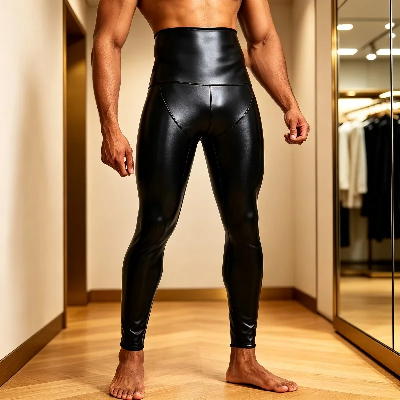 Men Pu Leather Shaping Pants High Waist Tummy Control Butt Lifting Slim Fit Four Way Stretch Pants for Gym Party Daily Wear
