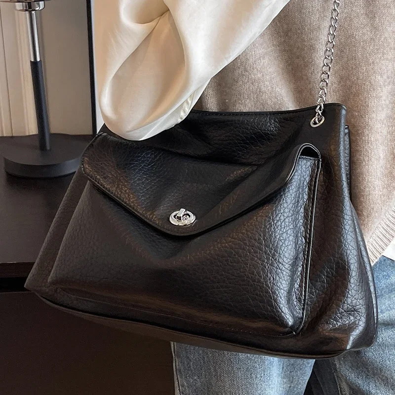 Female Large Black Tote Handbag Multi Pocket Ladies Metal Chain Shoulder Bag Soft Pu Leather Women\'s Serviceable Crossbody Bags