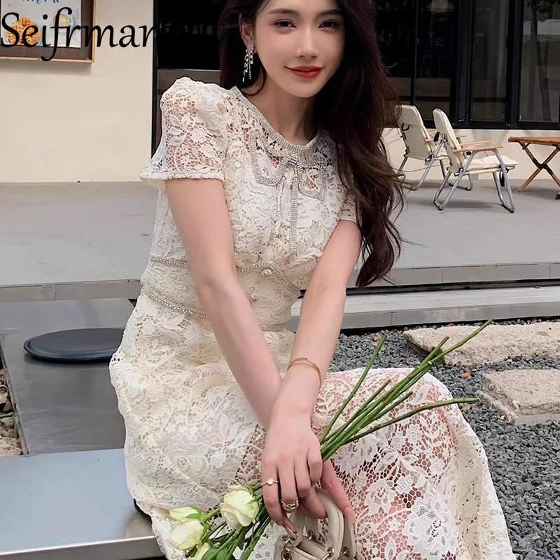Seifrmann Modisches Rundhals-Kurzarmkleid mit Nagelperlen und Spitze, Tailliertes Langes Kleid, Frühjahr 2026 Damen-Neuheit