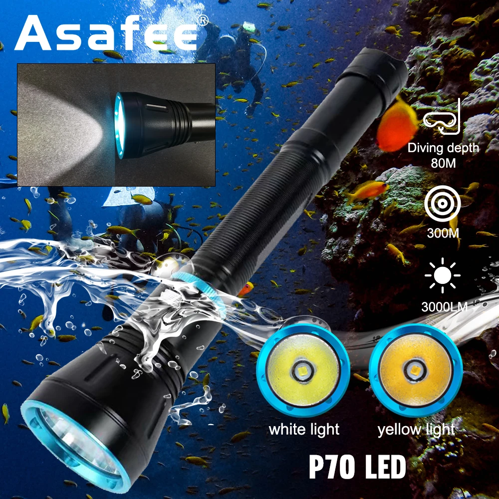 

Asafee A16pro 80M Powerful Brightness P70 Diving Flashlight 3000 lumens 300M Range Scuba Torch IPX8 Waterproof Dive Lightby