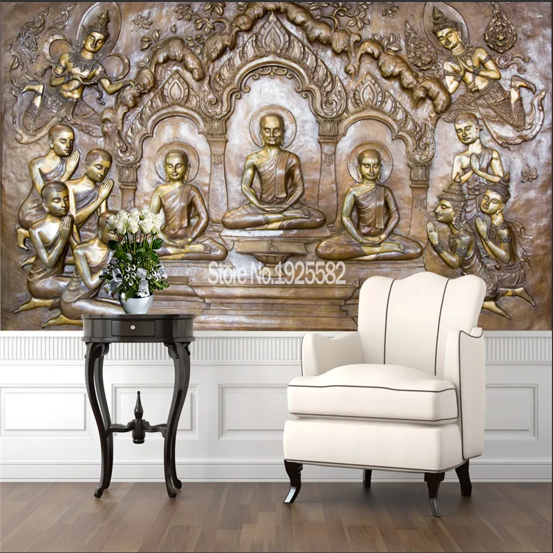 

Custom 3D Thai Style Metal Embossed Carving Buddha Sculpture Photo Wallpapers for Walls Thailand Home Decor 3D Wall Paper Murals