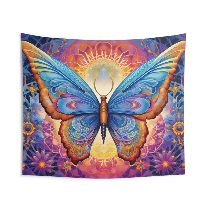 Psychedelic Butterfly Wall Tapestry Vibrant Colorful Aesthetic, Spiritual Altar Cloth, Animal Lover Gift Yoga Studio Decor