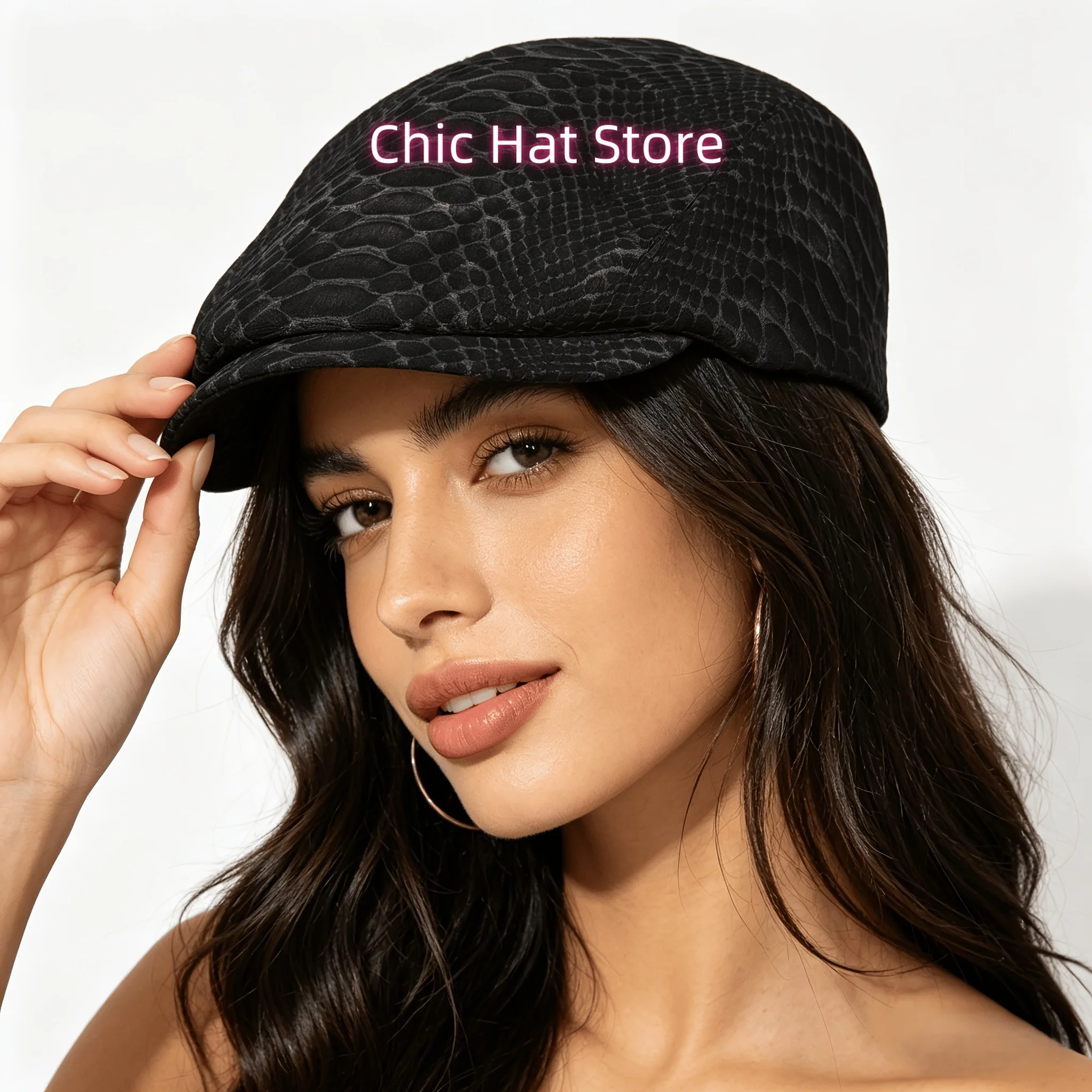1pc Black Snake Scale Texture All-Over Print Flat-Top Hats for Men And Women, Newsboy Caps, Berets, Irish Hats, Driver Caps, Ret