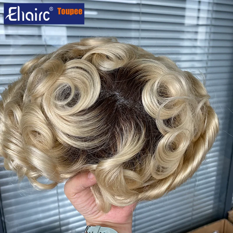 4/613 Ombre 0.08-0.1MM Male Hair Prosthesis Double Knotted Durable Men's Capillary Prothesis Toupee Men Wigs Man 6