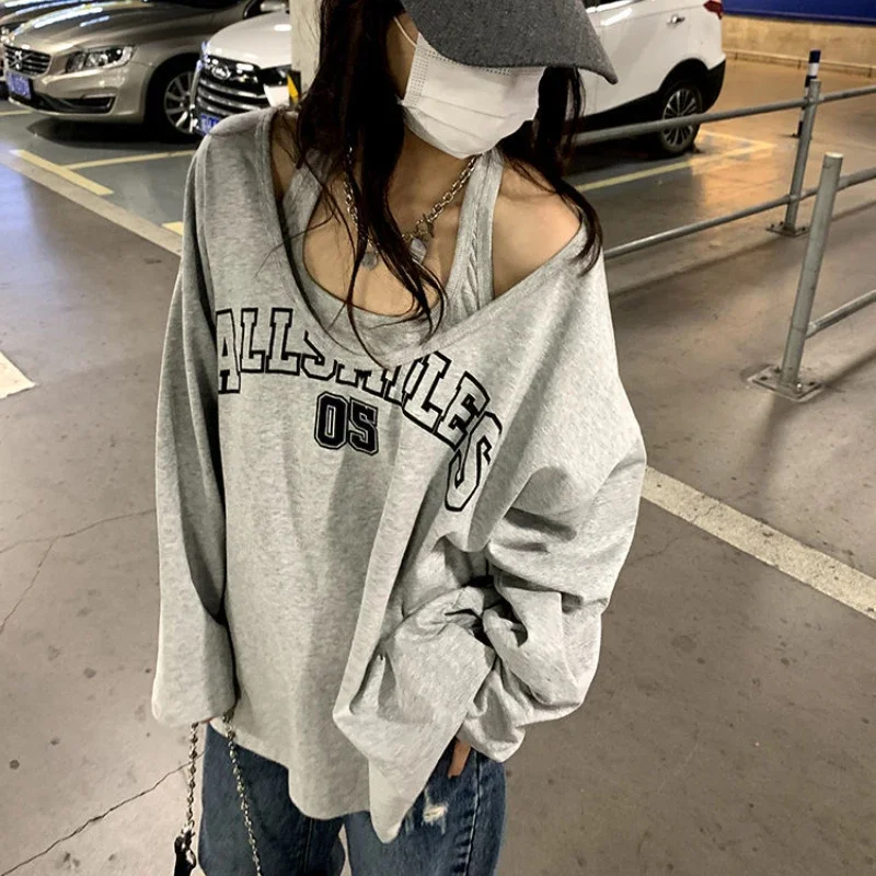 Y2k Baggy Halter Two Piece Sweatshirt Women Letter Print Loose Aesthetic Hoodies Women Retro Fashion Casual Streetwear Tops 2024