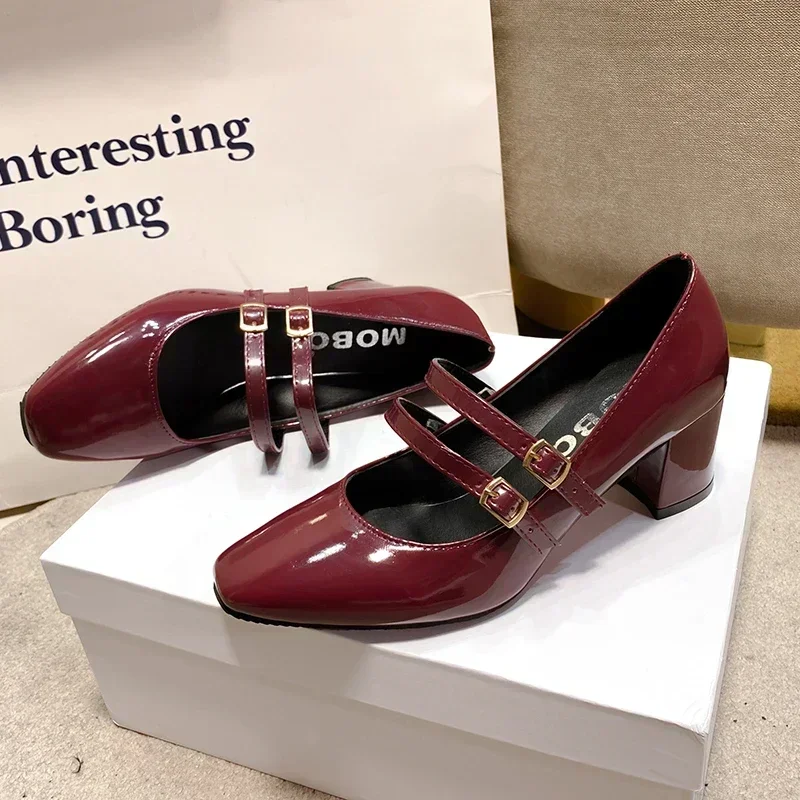 2024 Spring Autumn Women Double Buckle Mary Janes Shoes Patent Leather Dress Square Head Square Heel Solid Color Women\'s Shoes