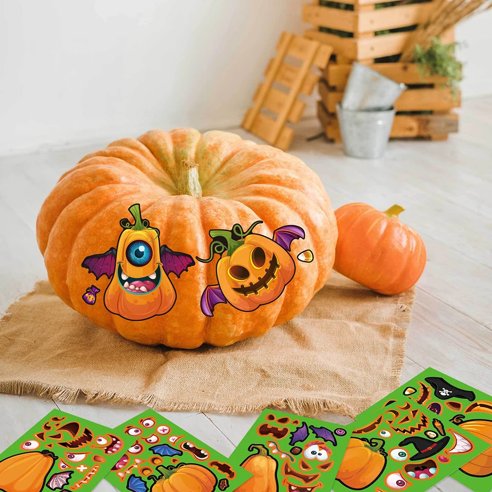 8/16Sheets Halloween Pumpkin Puzzle Stickers Make a Face Kids Toy Funny Assemble Jigsaw DIY Game Boys Girls Children Party Favor