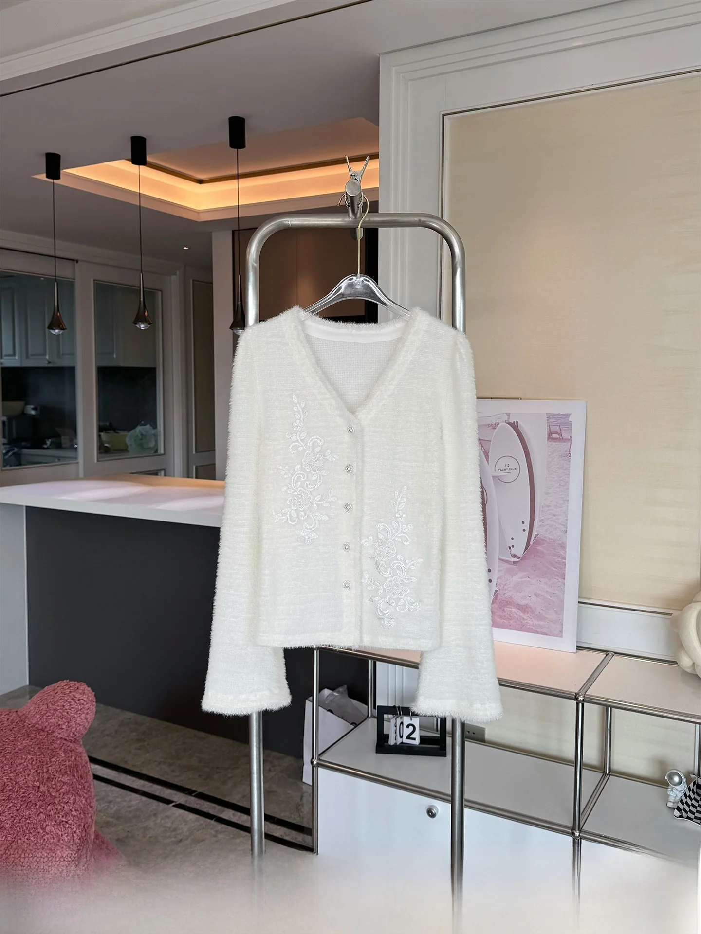

Kun Snowfall Magnolia Women's Knitted Long Sve Top Beige Base Layer Open Cardigan Autumn Winter Design Floral Pattern