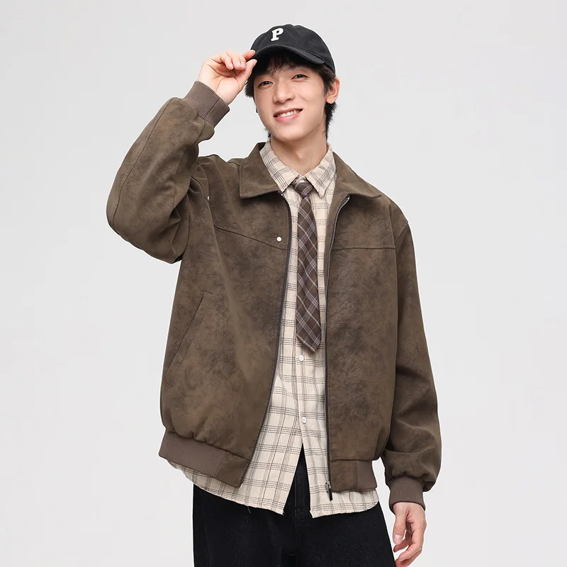 남성 가을 코트 빈티지 솔리드 턴다운 칼라 긴 소매 지퍼 남성 아우터웨어 패션 루즈 캐주얼 다용도 남성 재킷