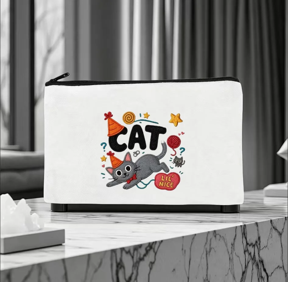 1PC Simulated Embroidery Party Hat Gray Cat CAT Lil Nice Text Canvas Cosmetic Bag Double Sided Portable Zipper Pouch