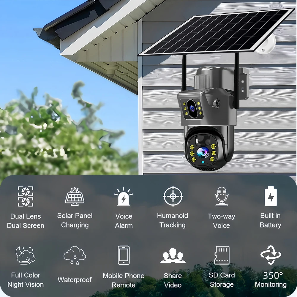 Outdoor 4K 8MP Wireless Solar Camera 4G SIM Card Dual Lens PIR HD Night Vision Camera V380Pro PTZ Security CCTV Smart Monitor