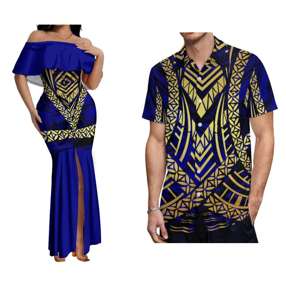 

Stylish Samoan Art Couple Set Hawaiian Women'S Off-The-Shoulder Fishtail Dress Men'S Shirt Formal Occasion Polynesian Dress