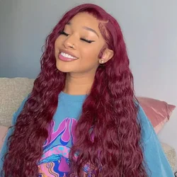 Brazilian remy 13x6 99J Burgundy hd lace front Curly human hair wig glueless preplucked deep wave cheap wigs on sale clearance