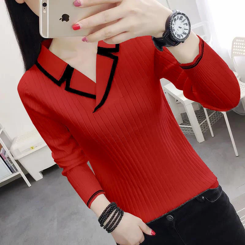 Women\'s Korean Elegant V-neck Slim Contrast Color Knitted Sweaters Autumn Winter Long Sleeve Pullovers Basic Ladies Tops Jumpers