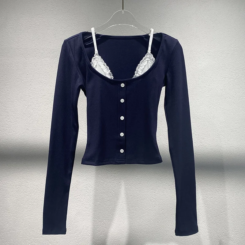 

Niche 2024 autumn and winter new fake two lace knitwear matching slim top woman