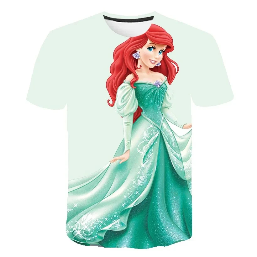 Disney-Princesa Ariel das crianças 3D impressão T-shirt da sereia, tops casuais infantis, lindos desenhos animados Tees, roupas das meninas