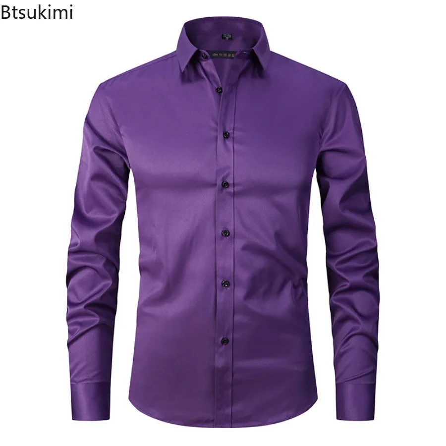 Camisas formales de negocios para hombre, camisas informales ajustadas y sólidas, camisas de vestir para banquete y fiesta, camisas cómodas de talla grande, 2024