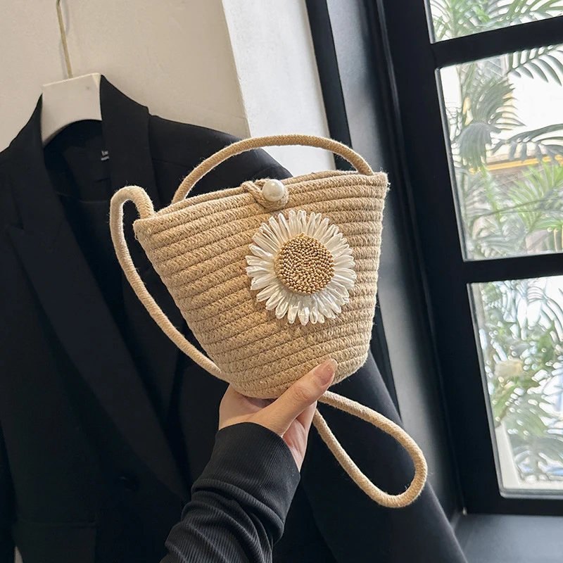 Trendy Woven Crochet Basket Bag Women Cotton Thread Boho Bag Sweet Knitting Crossbody Bag Casual Summer Shoulder Bag