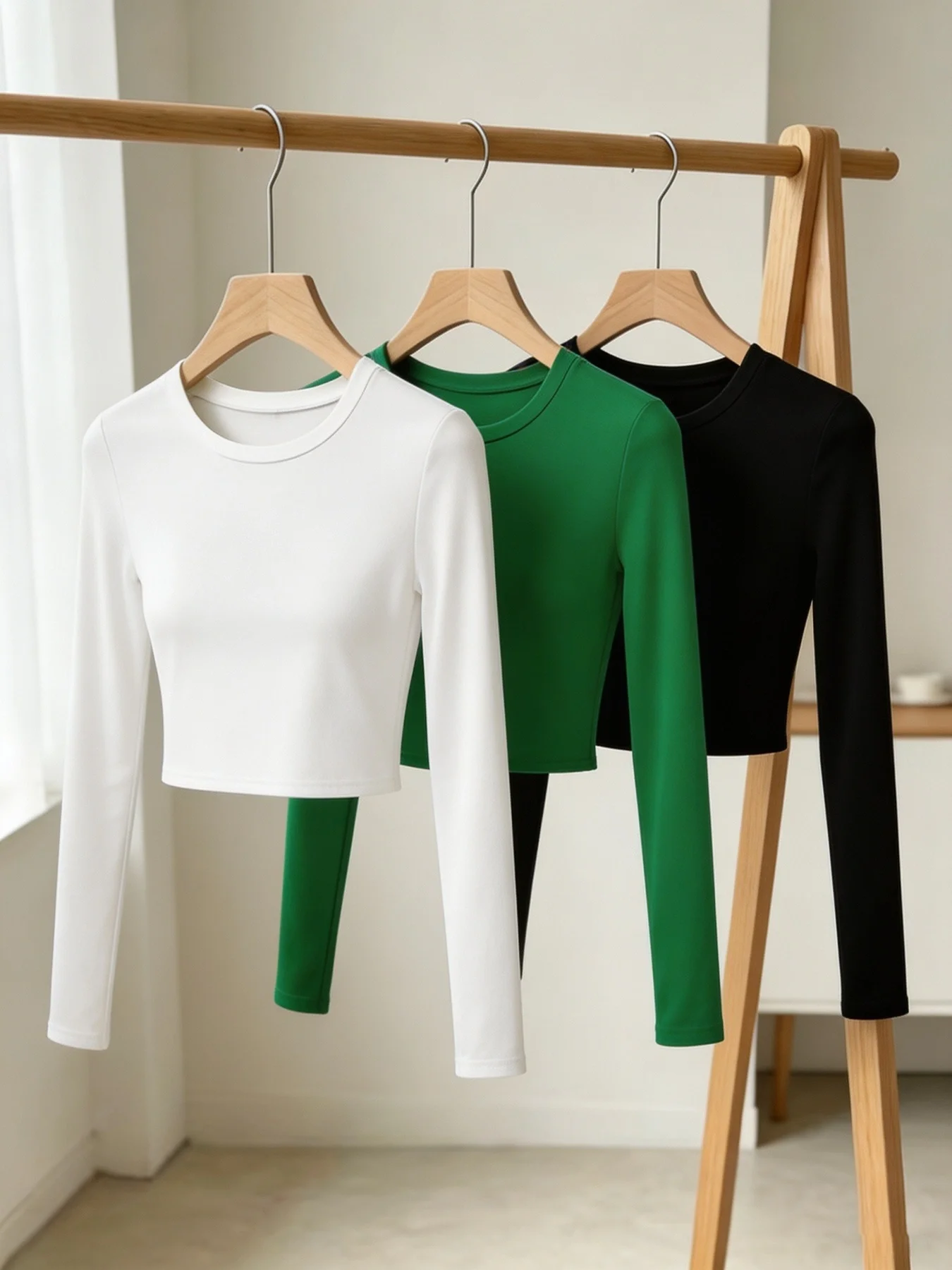 Women Crew Neck Long Sleeve Crop T Shirts Fitted Slim Basic Solid Tee Shirts 3 Pack Cozy Stretchy Korean Chic Casual Fall Winter
