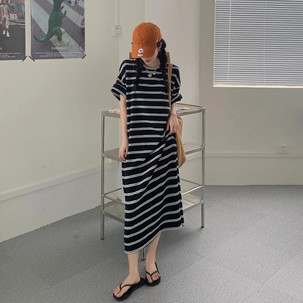 2025 Summer Korean Striped T-shirt Dress for Women with Versatile Design Loose Fit Slimming and Casual Long Dresses