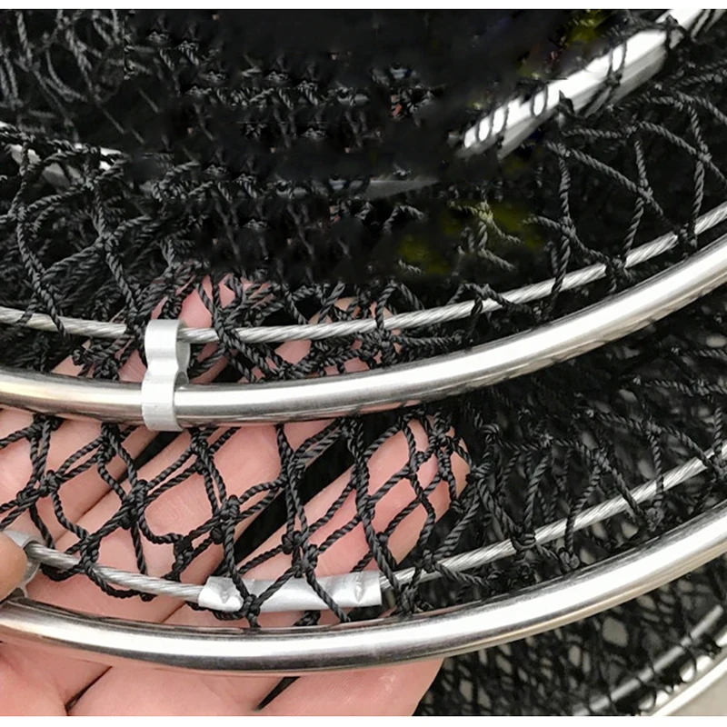 45cmx2m Folding Fishing Nets Cage Strong Black Braided Wire Small Mesh Hand Net Quick-drying Fish Bag Stainless Steel Mesh Rings