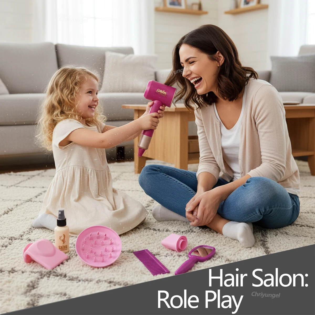 Conjunto de salão de beleza infantil com secador de cabelo, simulação de cabelo para meninas, brinquedo de maquiagem para brincar de fingir, presentes para meninas