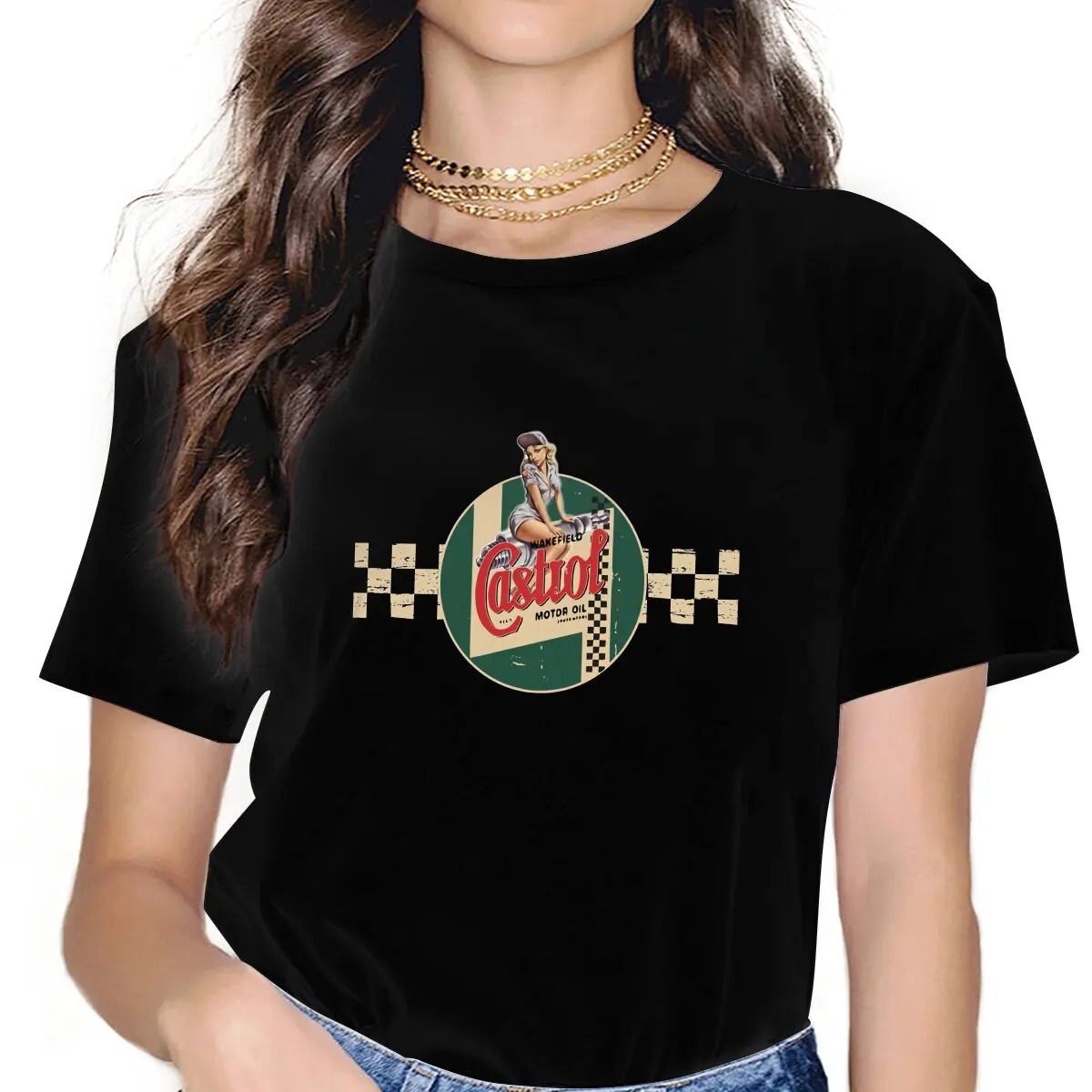 Castrol Vintage Racing Stripe Women's T Shirt Pin Up Girl Girls Tees Kawaii Polyester Tops Graphic Tshirt y2k Hipster