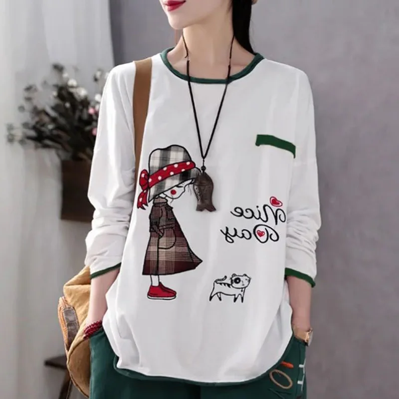 Fashion O-Neck Loose Cartoon Long Sleeve Casual T-Shirt Female Clothing 2023 Autumn New Oversized Tops Korean Tee Shirt