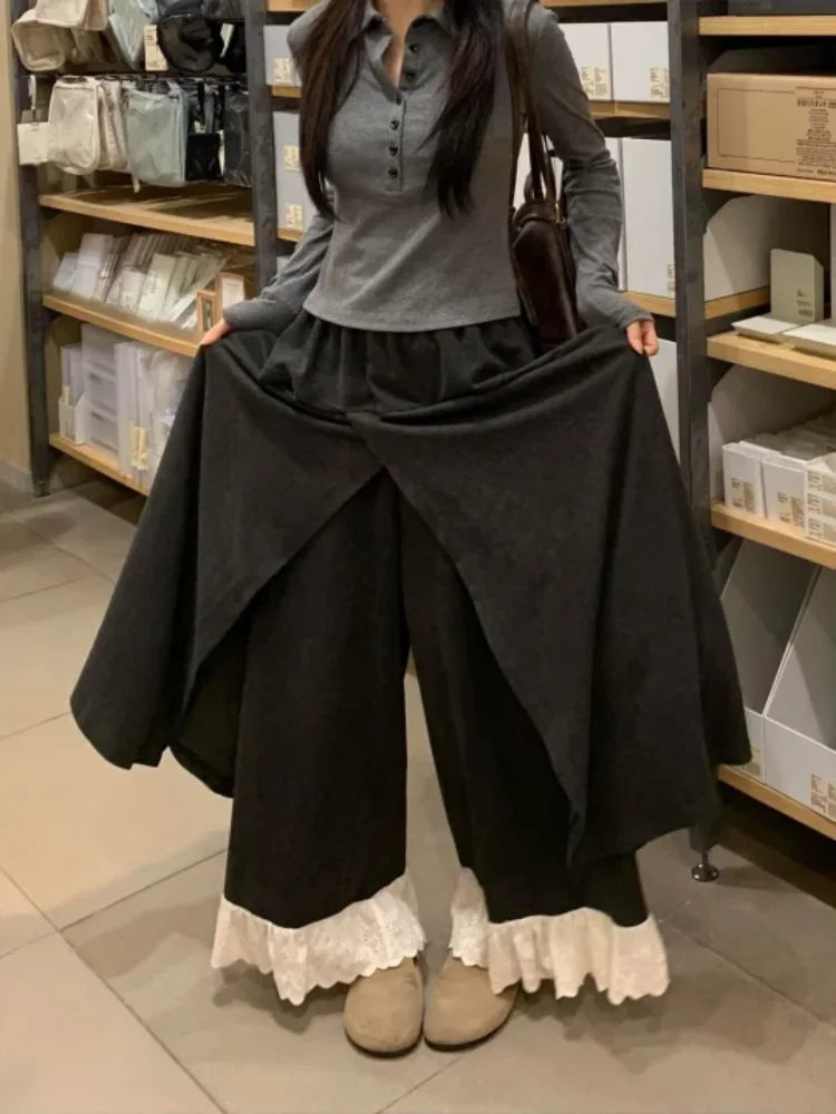 

Japanese Harajuku style Y2K spicy girl dark gray lace wide leg skirt pants autumn/winter loose casual straight leg casual pants