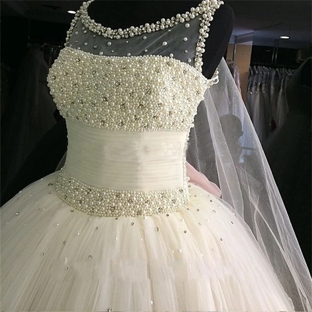 ZJ9079 Elegant Pearls Strapless Wedding Dress Delicate Princess Women Back Bride Dresses Court Train Ball Gown
