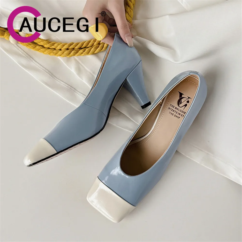Aucegi Fashion Spring Summer Mixed Color Women Genuine Leather Pumps High Heels Shallow Square Toe Banquet Prom Single Shoes