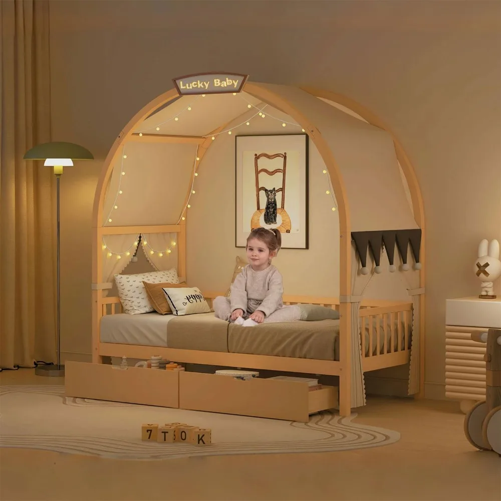 Size Canopy Bed Frame, Vaulted Integrated Tent and 2 Storage Drawers,Wood Daybed Beds,With LED Single Color Decorative