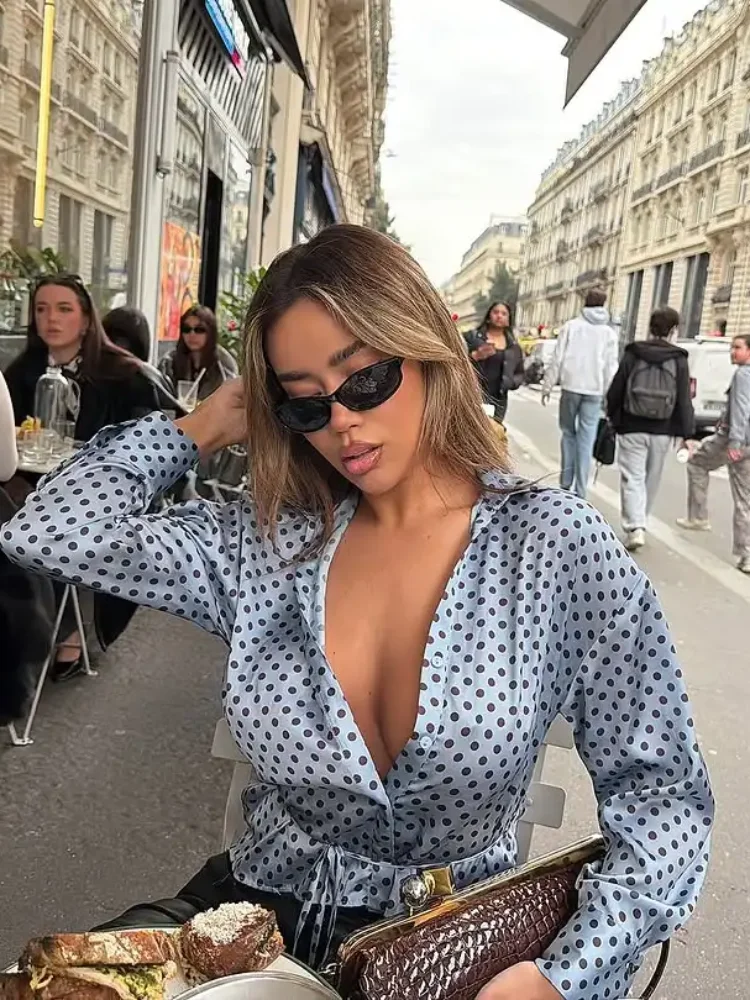 

Sexy Women's V-neck Polka Dot Satin Blouse Chic Long Sleeve High Waist Light Blue Shirt 2026 Lady New Spring Vacation Daily Tops
