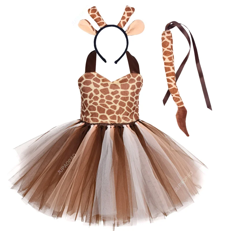 Halloween Animal Cosplay Costume Kids Forest Theme Giraffe Cows Tiger Leopard Zebra Print Tutu Dress Baby Girls Birthday Party