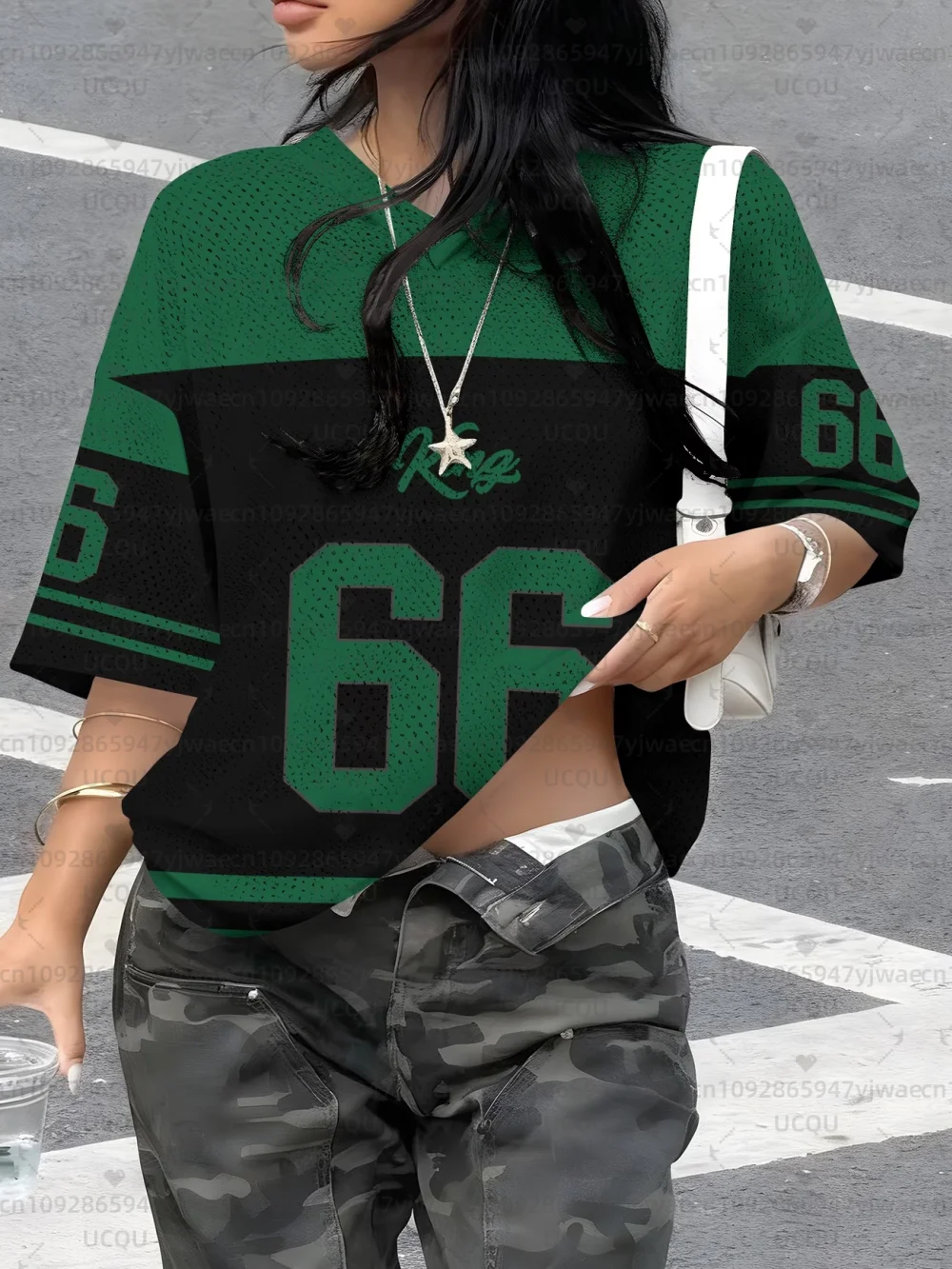 Women's King No.66 Print V-Neck Short Sleeve T-Shirt Summer Graphic Tee Hole Mesh Jerseys Plus Size Sport T-Shirt