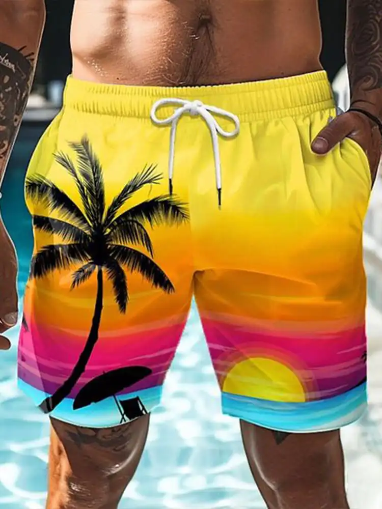 2024 Summer 3D Prints Hawaiian Vacation Style Printing Shorts Men's Casual Board Shorts Swim Trunks Drawstring Breathable Short