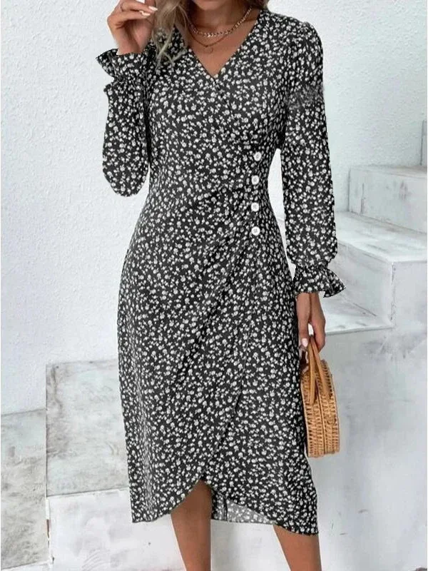 أنيقة الأزهار مطوي H على شكل ميدي فستان الإناث الخامس الرقبة نفخة الأكمام الخصر Ruched زر فساتين المرأة فستان صيفي رداء WJR8