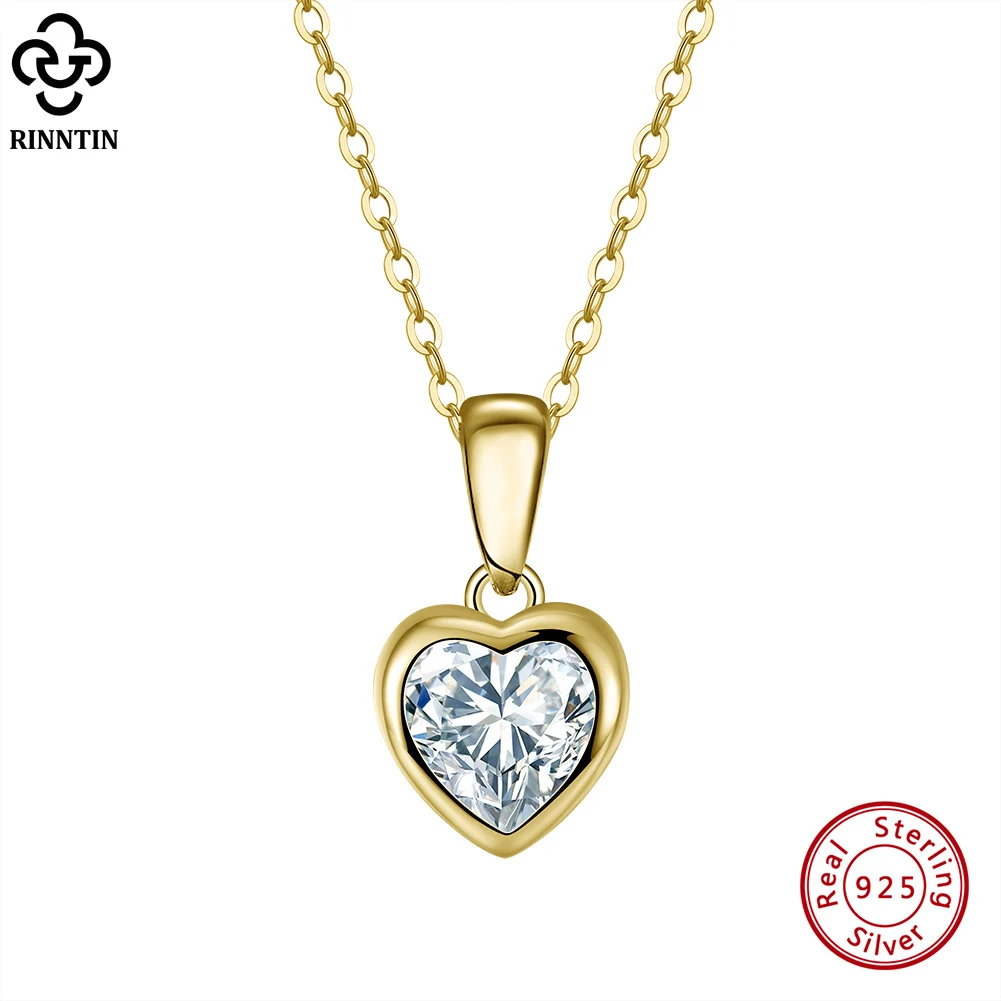 Rinntin Genuine 925 Sterling Silver Heart Shape Necklace with 5A Clear CZ Neck Chain for Women Fashion Fine Jewelry APN04