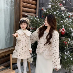 Mom and Daughter Couple Look Winter Clothes Women Fashion Shiny Coat Party Baby Girl Tops and Collar Sleeveless Dresses Princess