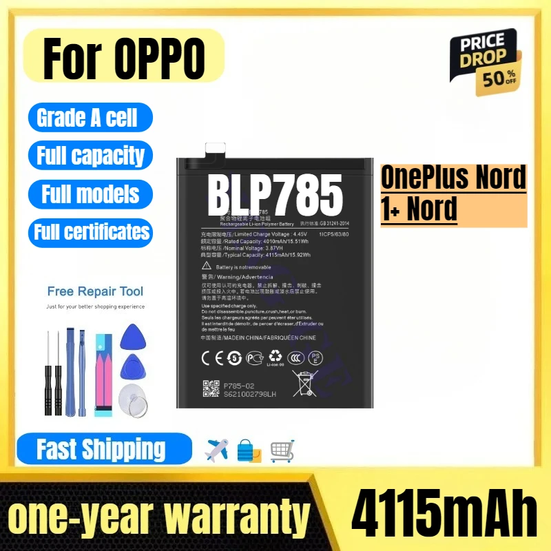 

BLP785 for OPPO OnePlus Nord/1+ Nord Mobile Phone Battery High Quality High Capacity Replacement Bateria Grade A Cell with Tools