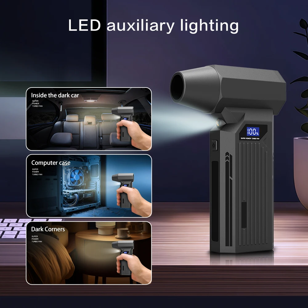 منفاخ توربو كهربائي 110KRPM، تدفق هواء 4 سرعات + ضوء LED، تصميم شحن سريع USB، أداة تنظيف شق الكمبيوتر/السيارة