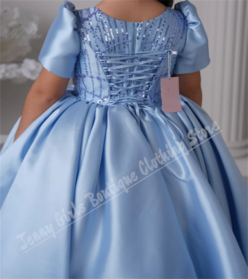 Light Blue Satin Short-Sleeve Children's Evening Dress Sparkly Bridesmaid Beauty Pageant Wedding Piano Performance Girls' Dress